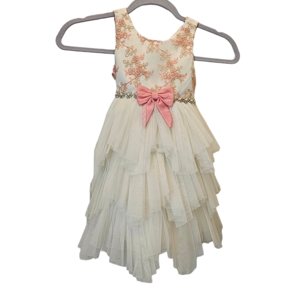 American Princess Girls 4T Cream Pink Floral Embroidered Tiered Tulle Dress